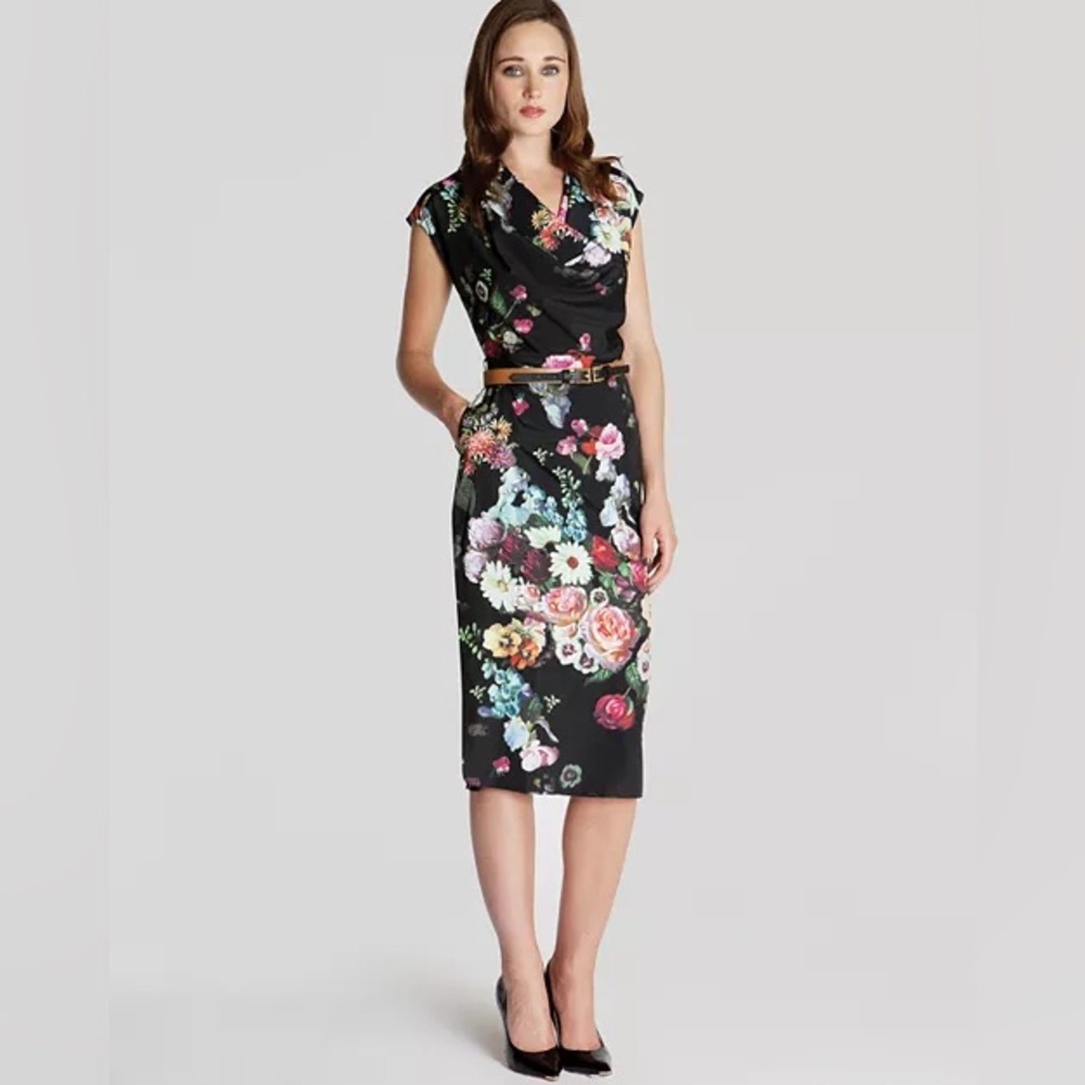 Ted Baker Robyne Oil Painting Floral Cowl Neck Midi Dress Size 1 / US 4